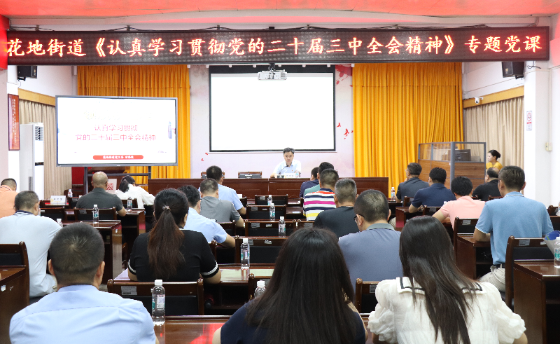 9月13日上午,花地街道召开《认真学习贯彻党的二十届三中全会精神》专题党课学习活动,街道党工委书记甘伟俊授课.png
